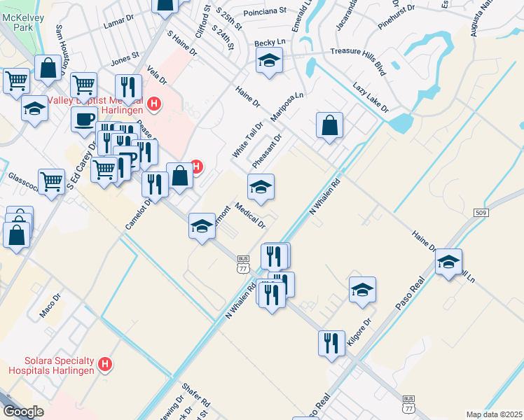map of restaurants, bars, coffee shops, grocery stores, and more near 2901 Medical Drive in Harlingen