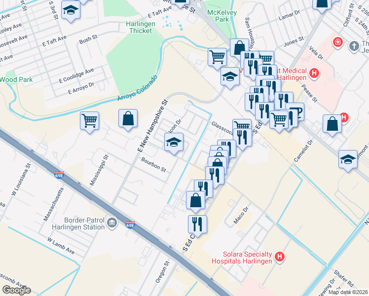 map of restaurants, bars, coffee shops, grocery stores, and more near 917 South Houston Drive in Harlingen