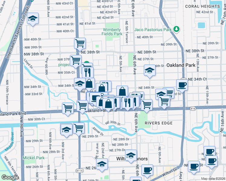 map of restaurants, bars, coffee shops, grocery stores, and more near 340 Northeast 34th Street in Oakland Park