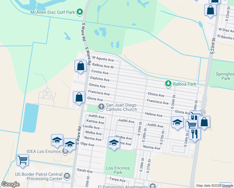 map of restaurants, bars, coffee shops, grocery stores, and more near 3218 Francisca Avenue in McAllen