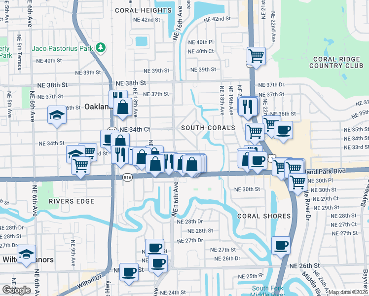 map of restaurants, bars, coffee shops, grocery stores, and more near 1625-1633 Northeast 33rd Street in Oakland Park