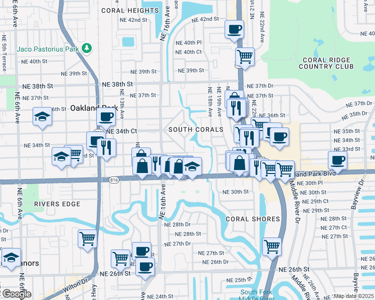 map of restaurants, bars, coffee shops, grocery stores, and more near 3340 Northeast 17th Avenue in Oakland Park