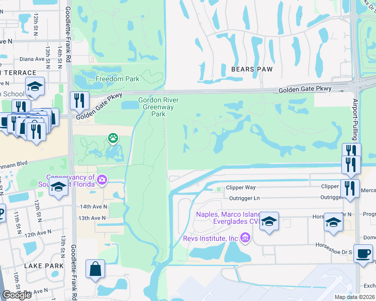 map of restaurants, bars, coffee shops, grocery stores, and more near 201 Bears Paw Trail in Naples