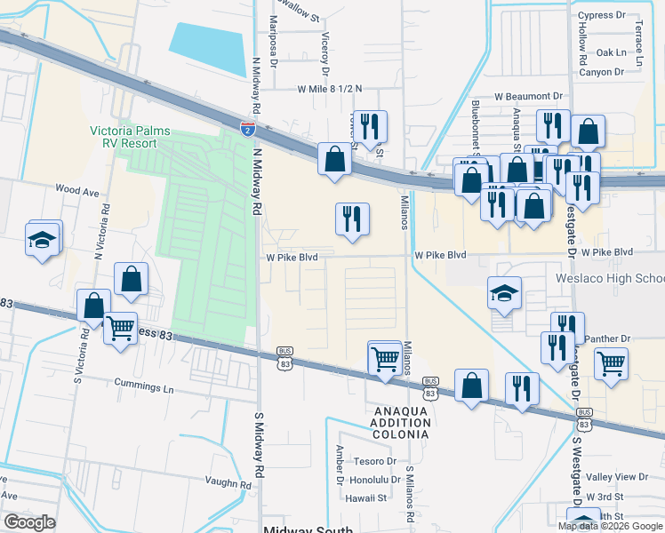 map of restaurants, bars, coffee shops, grocery stores, and more near 3000 West Pike Boulevard in Weslaco
