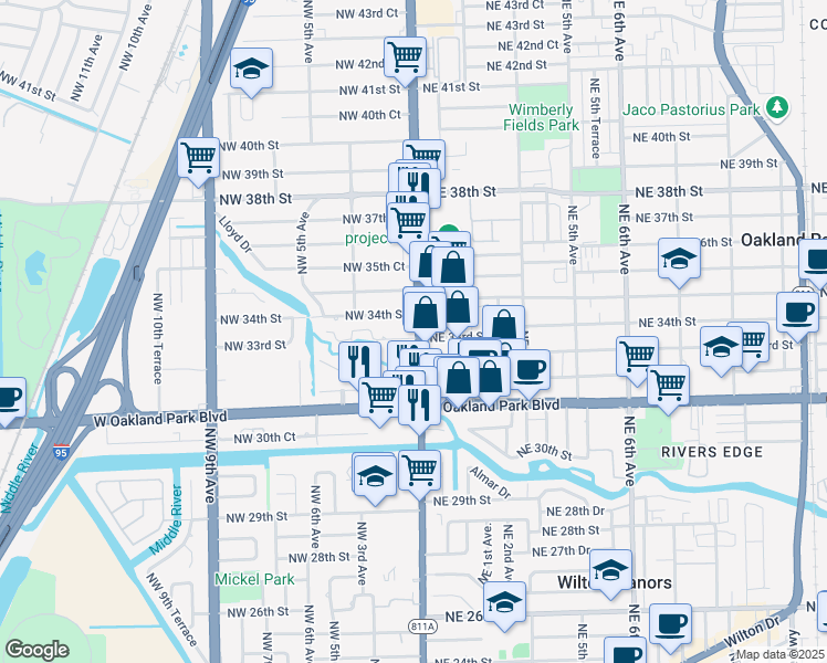 map of restaurants, bars, coffee shops, grocery stores, and more near 3317 North Andrews Avenue in Fort Lauderdale