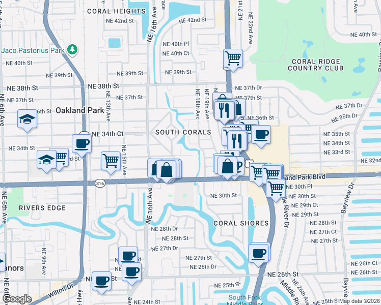 map of restaurants, bars, coffee shops, grocery stores, and more near 1771 Northeast 33rd Street in Oakland Park