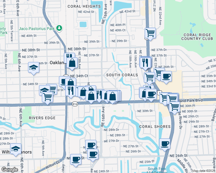 map of restaurants, bars, coffee shops, grocery stores, and more near 1625-1633 Northeast 33rd Street in Oakland Park