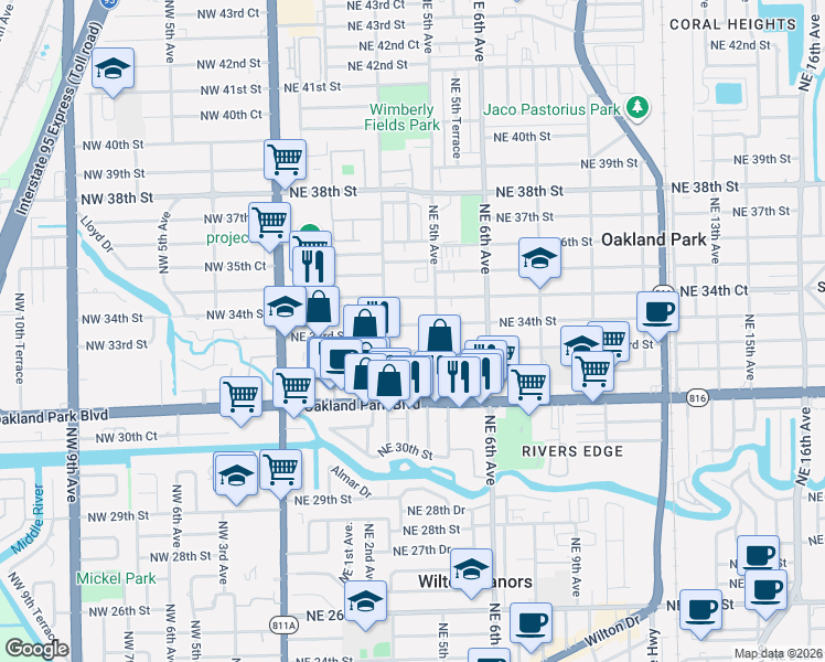 map of restaurants, bars, coffee shops, grocery stores, and more near 340 Northeast 34th Street in Oakland Park