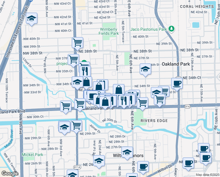 map of restaurants, bars, coffee shops, grocery stores, and more near 340 Northeast 34th Street in Oakland Park