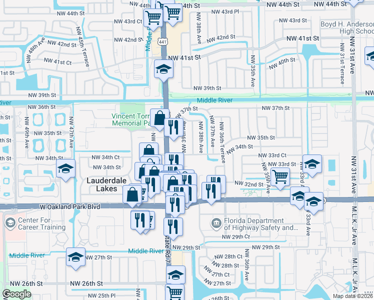 map of restaurants, bars, coffee shops, grocery stores, and more near 3401 Northwest 39th Avenue in Lauderdale Lakes