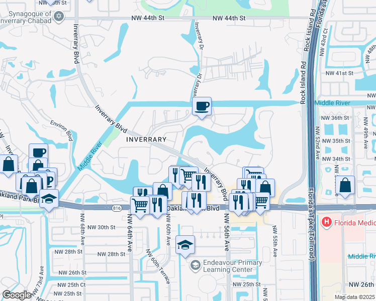 map of restaurants, bars, coffee shops, grocery stores, and more near 3433 Spring Bluff Place in Lauderhill