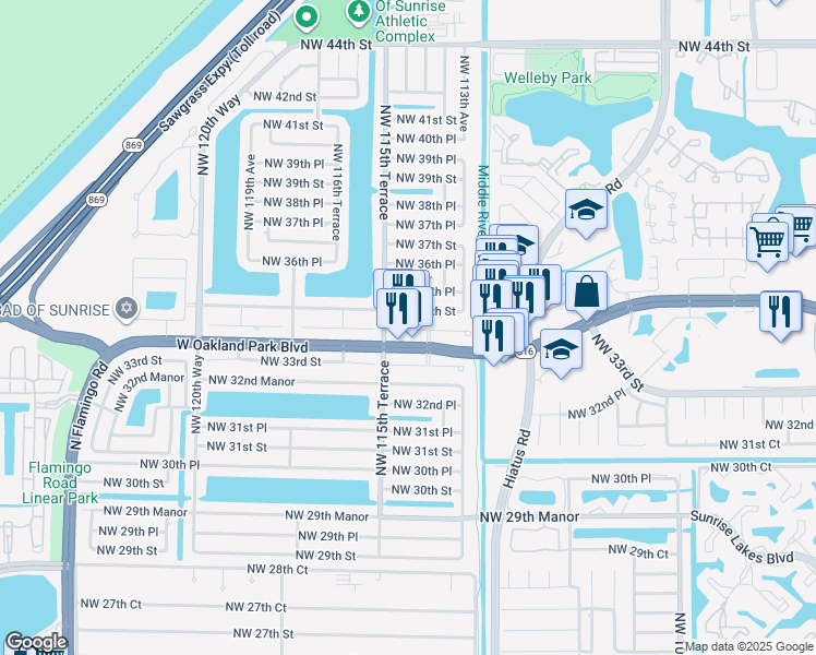 map of restaurants, bars, coffee shops, grocery stores, and more near 11441 West Oakland Park Boulevard in Sunrise