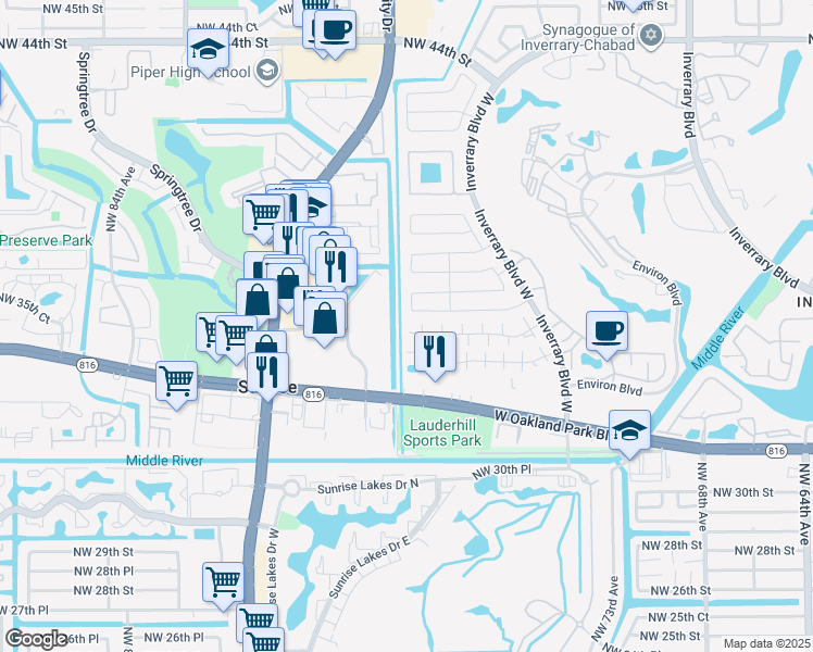map of restaurants, bars, coffee shops, grocery stores, and more near 3461 Northwest 75th Terrace in Lauderhill