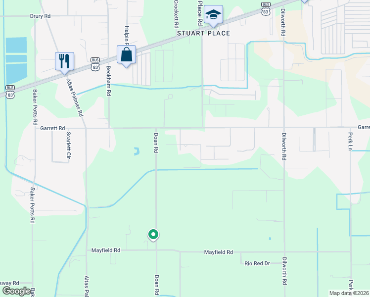 map of restaurants, bars, coffee shops, grocery stores, and more near 16408 Garrett Road in Harlingen
