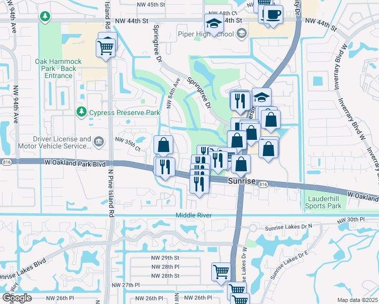 map of restaurants, bars, coffee shops, grocery stores, and more near 3614 Northwest 83rd Lane in Sunrise