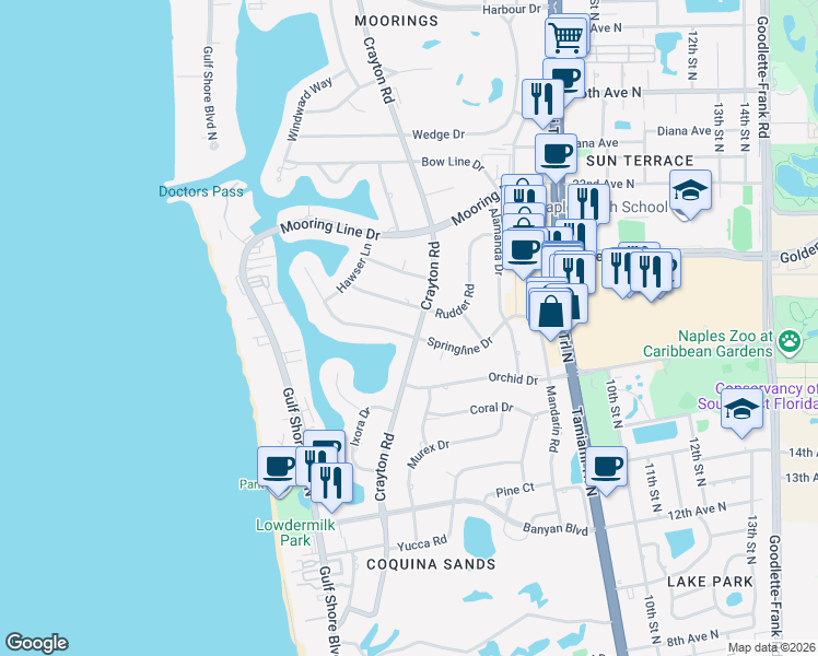 map of restaurants, bars, coffee shops, grocery stores, and more near 1907 Crayton Road in Naples