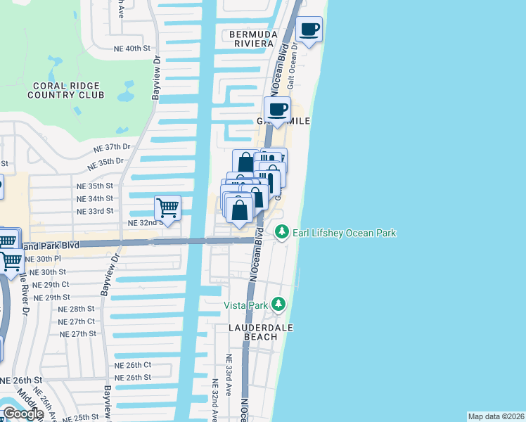 map of restaurants, bars, coffee shops, grocery stores, and more near A1A & NE 33rd St in Fort Lauderdale