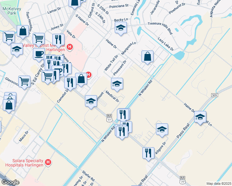 map of restaurants, bars, coffee shops, grocery stores, and more near 2901 Medical Drive in Harlingen