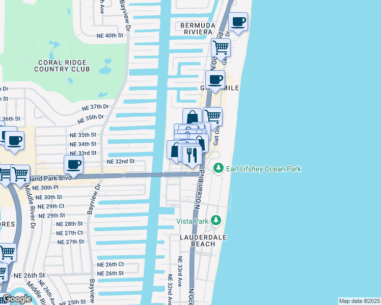 map of restaurants, bars, coffee shops, grocery stores, and more near 3324 Northeast 33rd Street in Fort Lauderdale