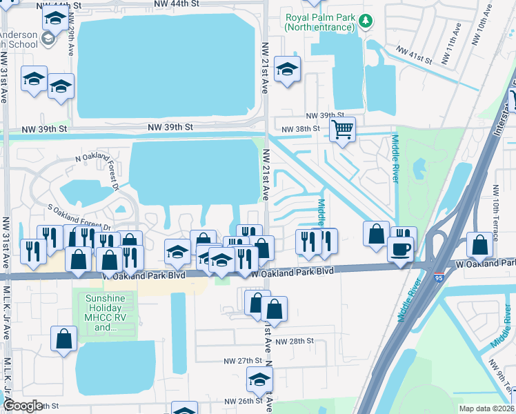 map of restaurants, bars, coffee shops, grocery stores, and more near 3234 Northwest 22nd Avenue in Oakland Park
