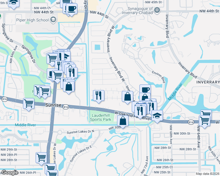 map of restaurants, bars, coffee shops, grocery stores, and more near 7412 Northwest 34th Street in Lauderhill