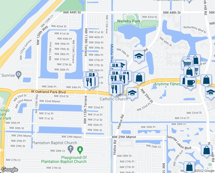 map of restaurants, bars, coffee shops, grocery stores, and more near 3401 Hiatus Road in Sunrise