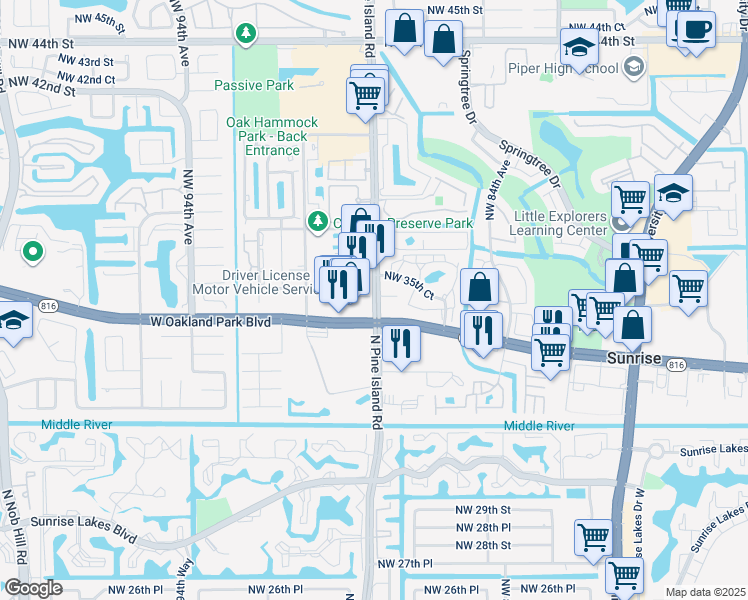 map of restaurants, bars, coffee shops, grocery stores, and more near 3401 North Pine Island Road in Sunrise