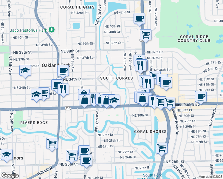 map of restaurants, bars, coffee shops, grocery stores, and more near 3340 Northeast 17th Avenue in Oakland Park