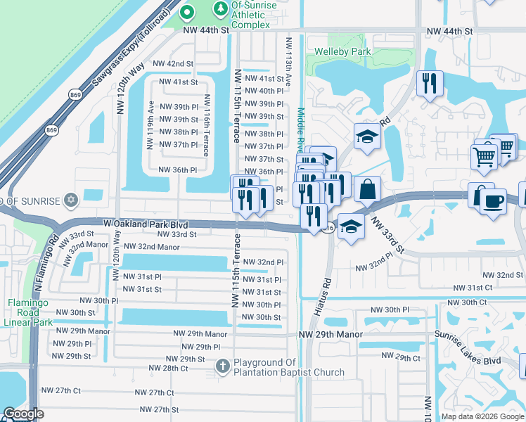map of restaurants, bars, coffee shops, grocery stores, and more near 11441 West Oakland Park Boulevard in Sunrise