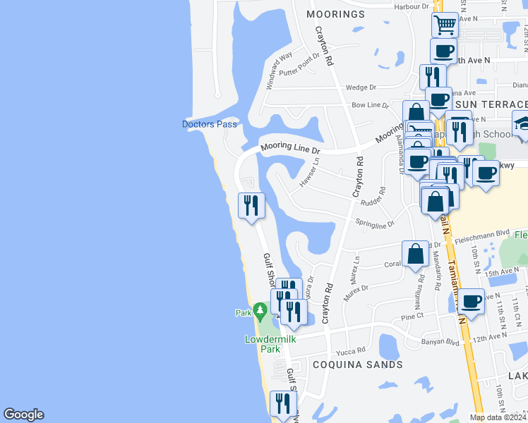 map of restaurants, bars, coffee shops, grocery stores, and more near 1930 Gulf Shore Boulevard North in Naples