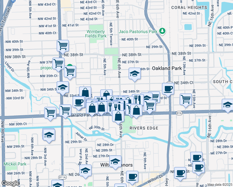 map of restaurants, bars, coffee shops, grocery stores, and more near 580 Northeast 34th Street in Oakland Park