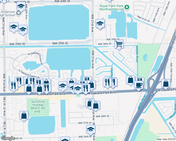 map of restaurants, bars, coffee shops, grocery stores, and more near 3234 Northwest 22nd Avenue in Oakland Park