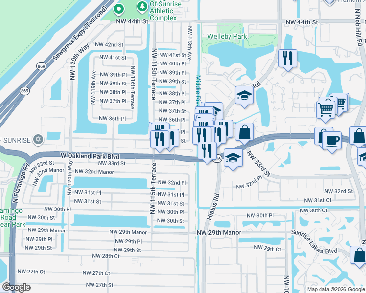 map of restaurants, bars, coffee shops, grocery stores, and more near 11373 Northwest 34th Place in Sunrise