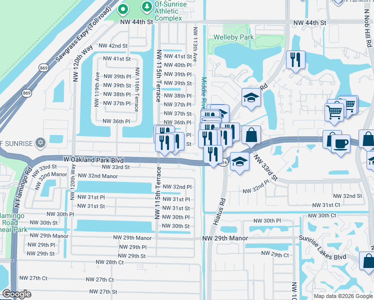 map of restaurants, bars, coffee shops, grocery stores, and more near 11373 Northwest 34th Place in Sunrise