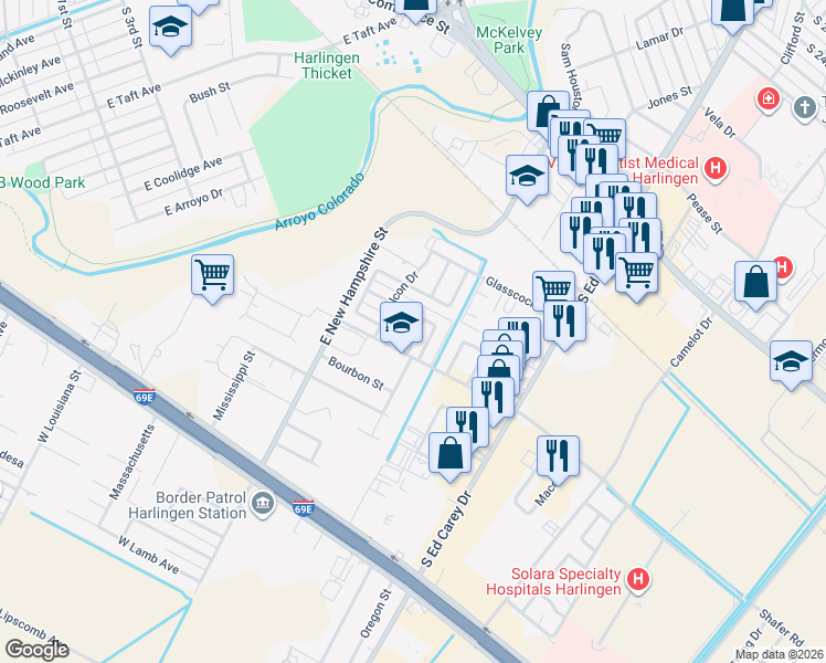 map of restaurants, bars, coffee shops, grocery stores, and more near 917 South Houston Drive in Harlingen