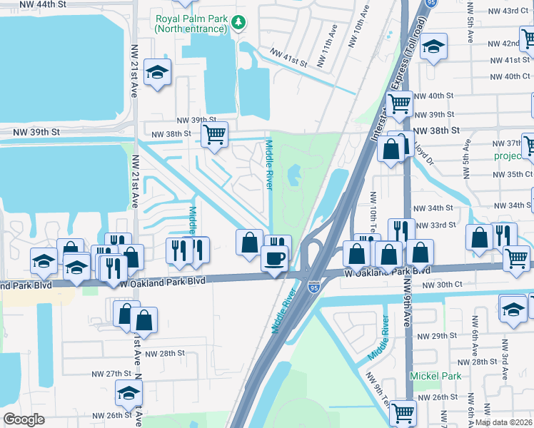 map of restaurants, bars, coffee shops, grocery stores, and more near 114 Park Drive in Oakland Park