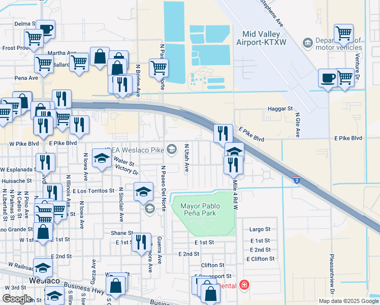 map of restaurants, bars, coffee shops, grocery stores, and more near 708 North Utah Avenue in Weslaco