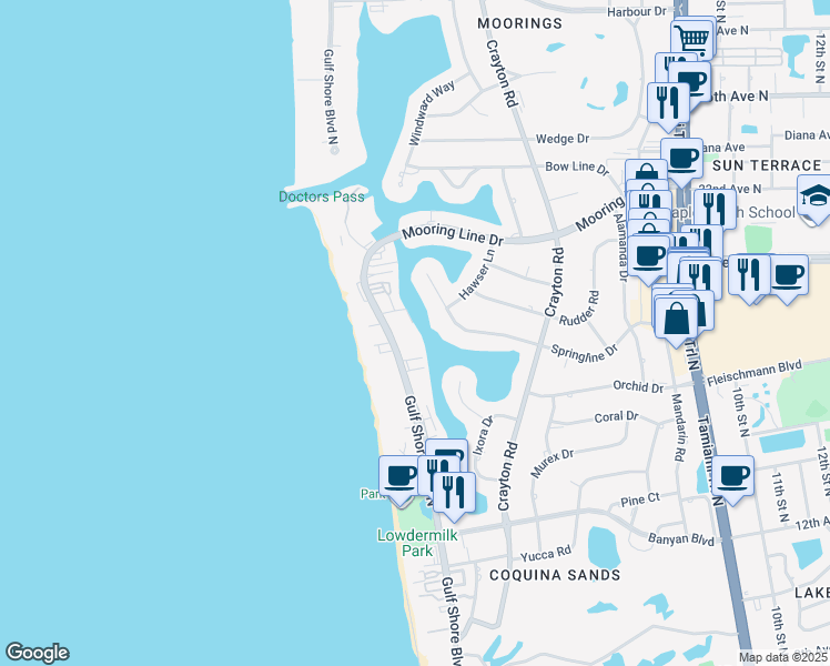 map of restaurants, bars, coffee shops, grocery stores, and more near 1930 Gulf Shore Boulevard North in Naples