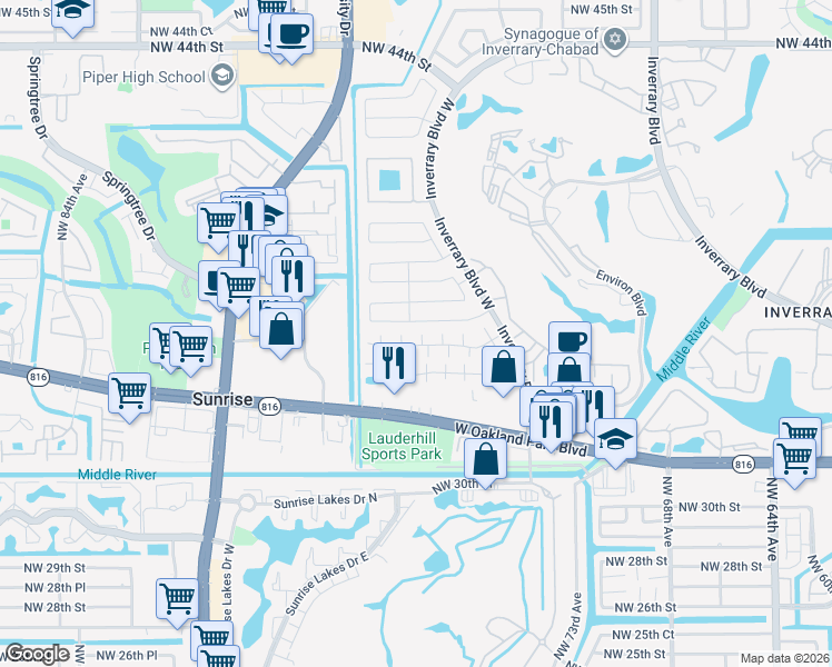 map of restaurants, bars, coffee shops, grocery stores, and more near 7412 Northwest 34th Street in Lauderhill