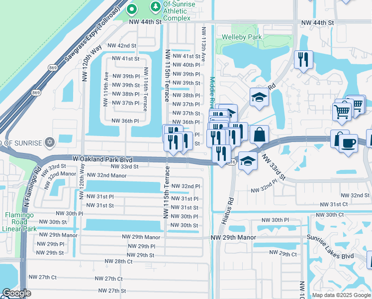 map of restaurants, bars, coffee shops, grocery stores, and more near 11441 West Oakland Park Boulevard in Sunrise