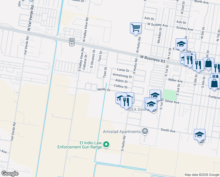 map of restaurants, bars, coffee shops, grocery stores, and more near 129 Apollo Drive in Donna