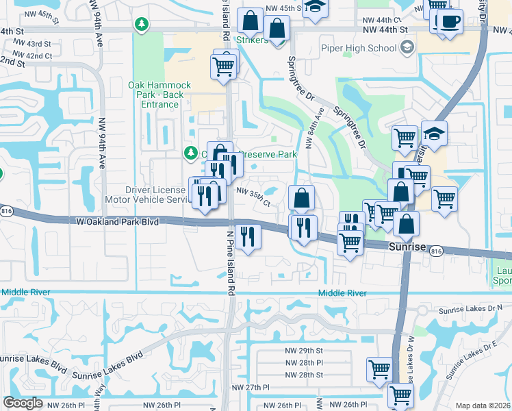map of restaurants, bars, coffee shops, grocery stores, and more near 3432 Northwest 86th Way in Sunrise