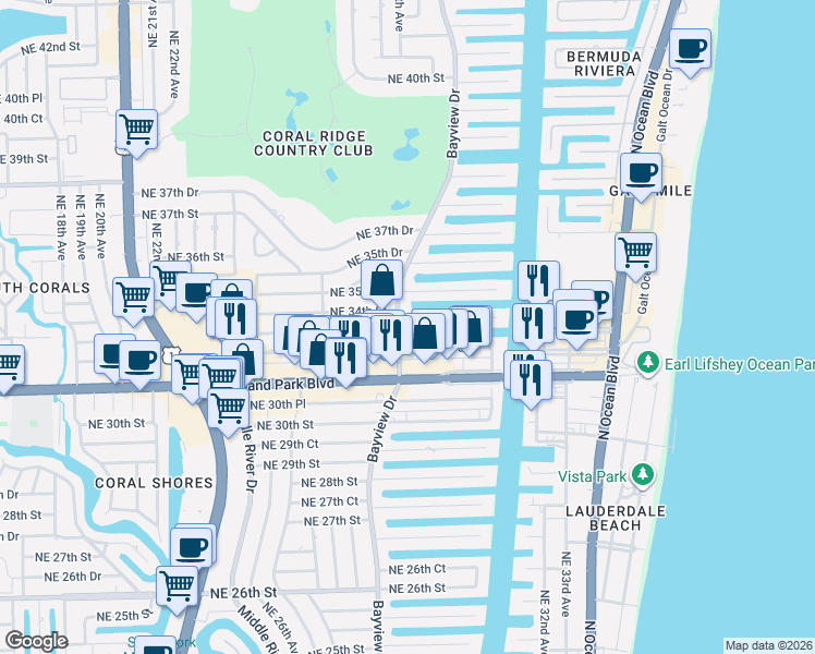 map of restaurants, bars, coffee shops, grocery stores, and more near 2764 Northeast 33rd Street in Fort Lauderdale