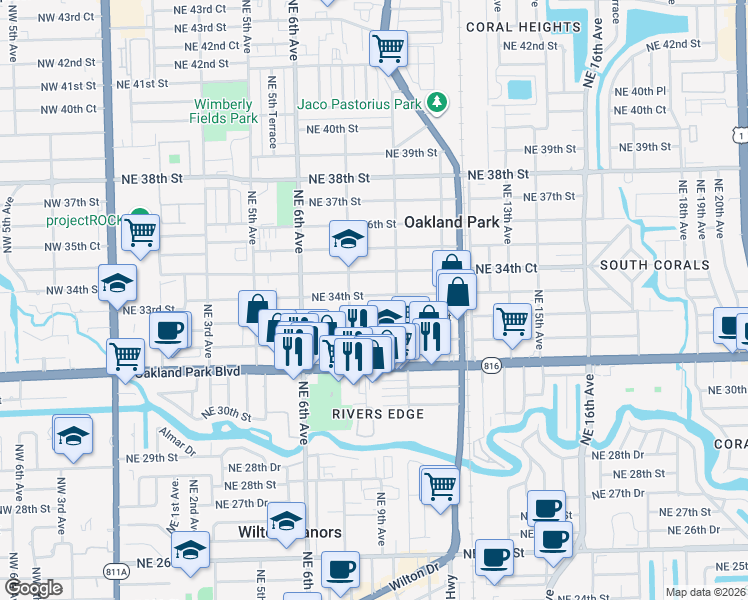 map of restaurants, bars, coffee shops, grocery stores, and more near 801 Northeast 33rd Street in Oakland Park
