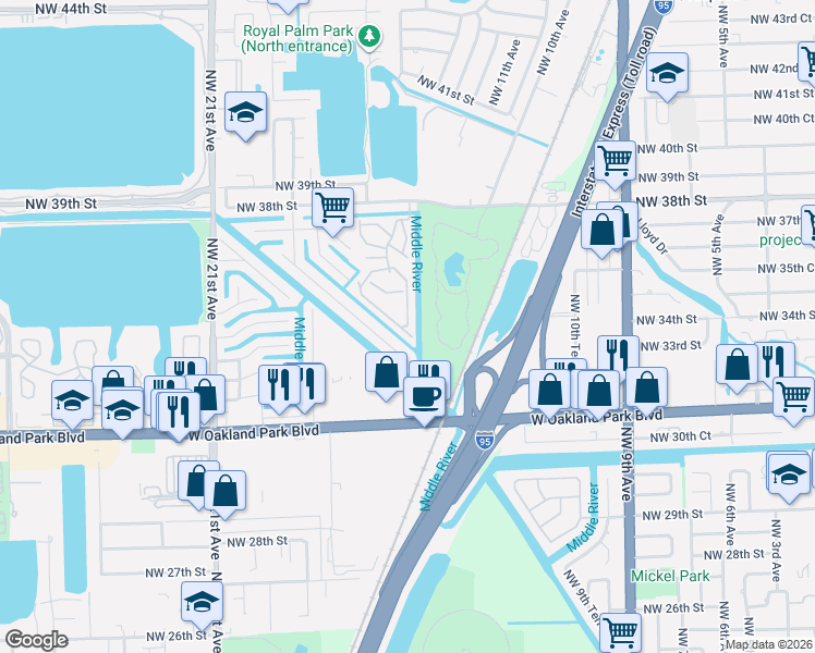 map of restaurants, bars, coffee shops, grocery stores, and more near 114 Park Drive in Oakland Park