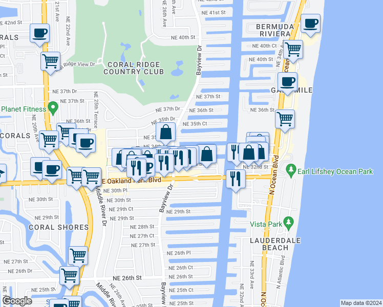 map of restaurants, bars, coffee shops, grocery stores, and more near 205 Northeast 32nd Street in Fort Lauderdale