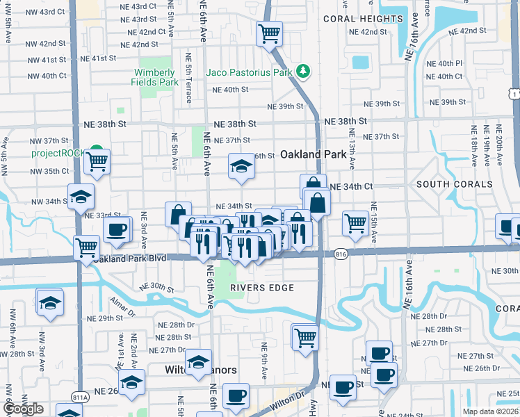 map of restaurants, bars, coffee shops, grocery stores, and more near 801 Northeast 33rd Street in Oakland Park