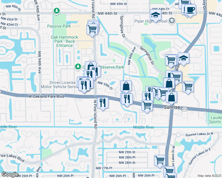 map of restaurants, bars, coffee shops, grocery stores, and more near 8601 Northwest 34th Place in Sunrise