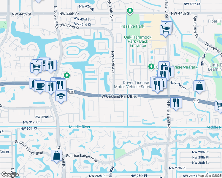 map of restaurants, bars, coffee shops, grocery stores, and more near 9370 Northwest 34th Court in Sunrise