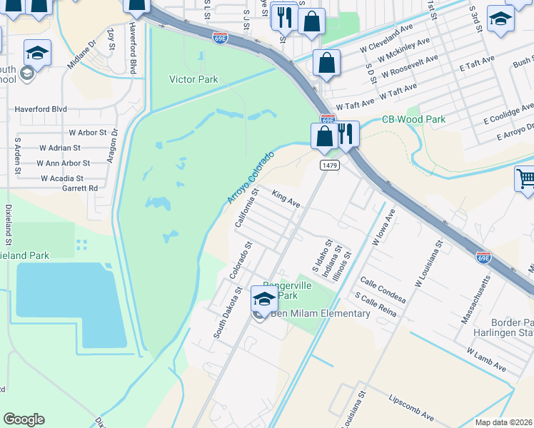 map of restaurants, bars, coffee shops, grocery stores, and more near 1905 W Lamb Ave in Harlingen